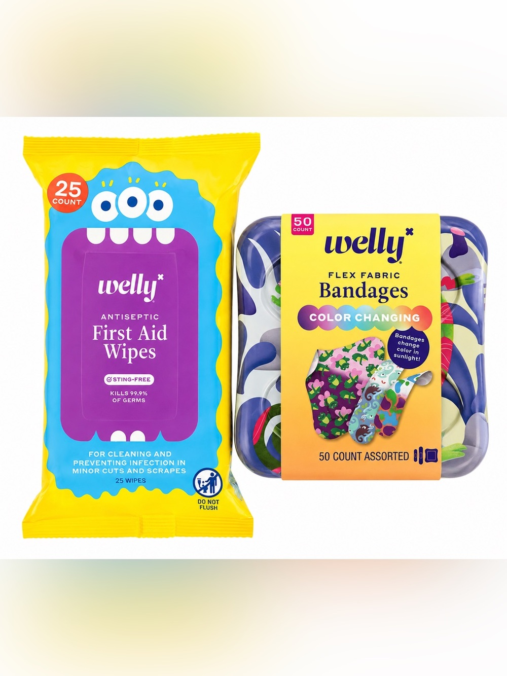 Welly Color-Changing Bandages - Assorted 50 Count and Antiseptic First Aid Wipes